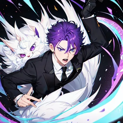 Prompt: Erikku 1male (short fluffy ginger hair, freckles, right eye blue, left eye purple) wearing a black suit at a wedding, angry