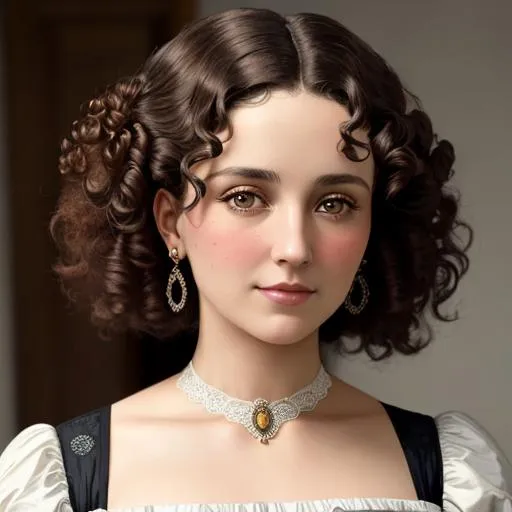 Prompt: An attractive 35 year old woman with very curly hair, elegant, Victorian era, 19th century, facial closeup, in color