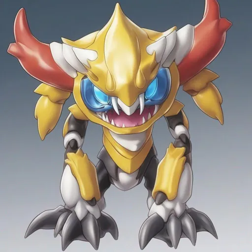Prompt: Digimon characterized by the single horn on its brow and its frill. It is so active it bounces all around, Masterpiece, best quality