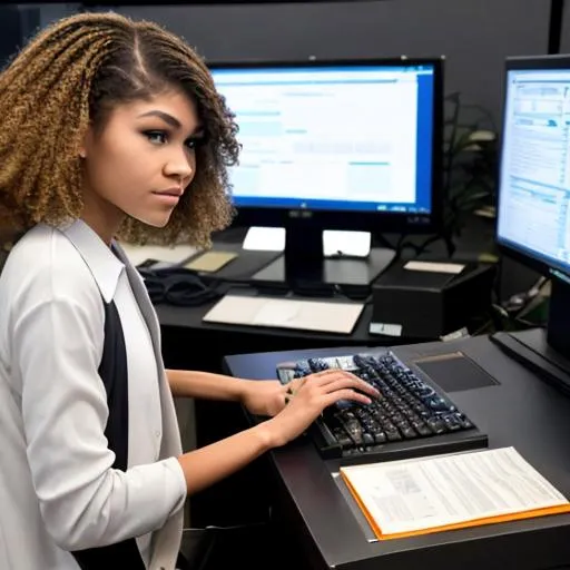 Prompt: wide shot of zendaya playing computer programmer at bitcoin exchange wearing business causal coding in front of computer 