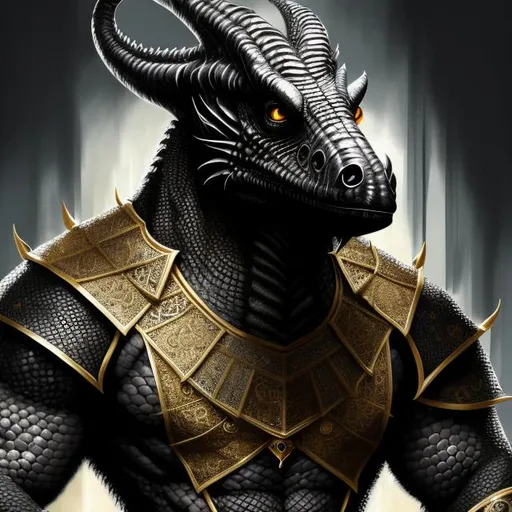 Prompt: Realistic portrait of a deep black scaled dragonborn with white eyes wearing silver armor with gold trim 