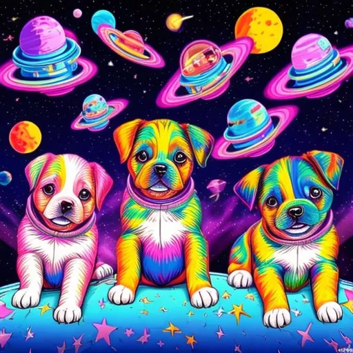 Prompt: Puppies in outer space in the style of Lisa frank