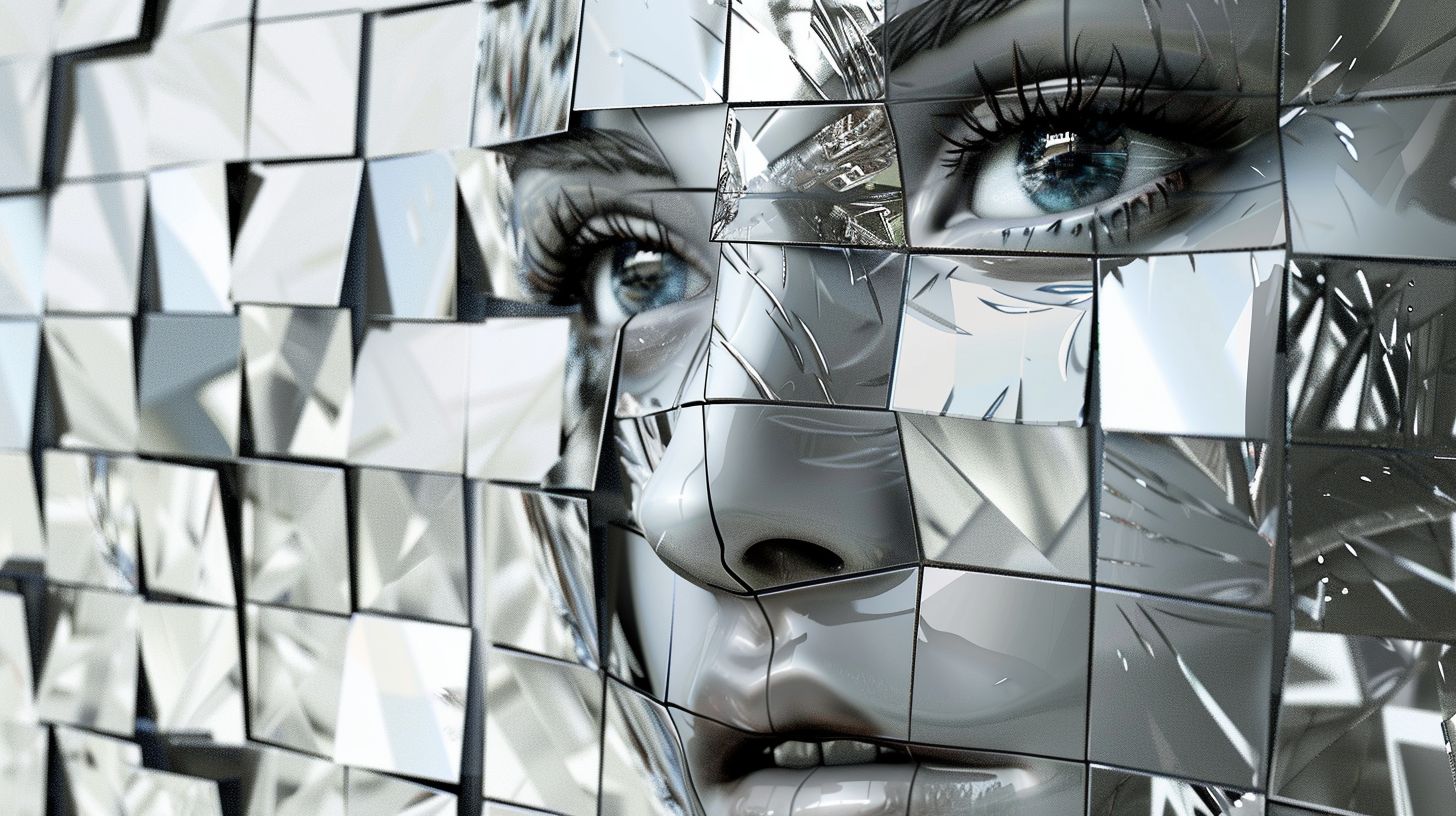 Prompt: girl face 3d made of crystal tiles