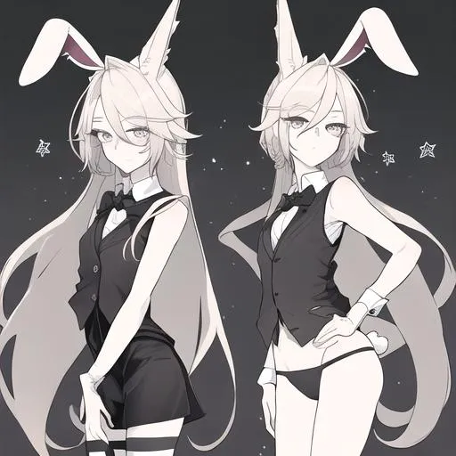 Prompt: Your OC is a lanky withered bunny, with gentle charcoal eyes. They identify as female, and have a soft voice. As an accessory, they have stars, and they can be seen wearing a vest.