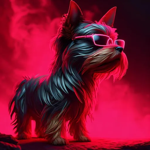 Prompt: yorkshire terrier, Highly detailed 
, ultra realistic, red, neon, glow effect, fantasy, 8K,
oft light, volumetric lighting, night, fog, intricate, elegant, sun glasses