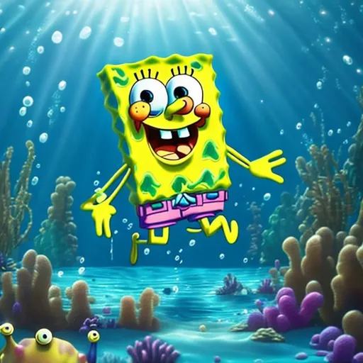 Prompt: Spongebob swimming underwater
