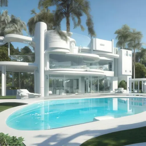 Prompt: Futuristic Realistic comfortable house with white futuristic pool hiper-realistic oil paint                  