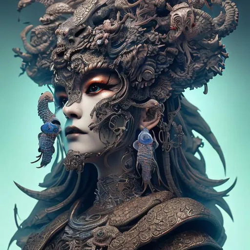 Prompt: "3 d goddess of death close - up profile portrait with ram skull. beautiful intricately detailed japanese crow kitsune mask and clasical japanese kimono. betta fish, jellyfish phoenix, bio luminescent, plasma, ice, water, wind, creature, artwork by tooth wu and wlop and beeple and greg rutkowski"