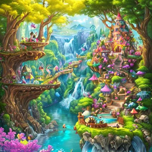 Prompt: HD,128k,4k,3d,high resolution 
Title: "Whimsical Journey"

Description: Create an enchanting illustration of diverse characters on an extraordinary adventure through a magical realm. Show vibrant landscapes, sparkling trees, floating islands, and waterfalls. Each character represents a different culture or mythology, adding depth and diversity. Capture the sense of wonder, adventure, and camaraderie among the characters.


