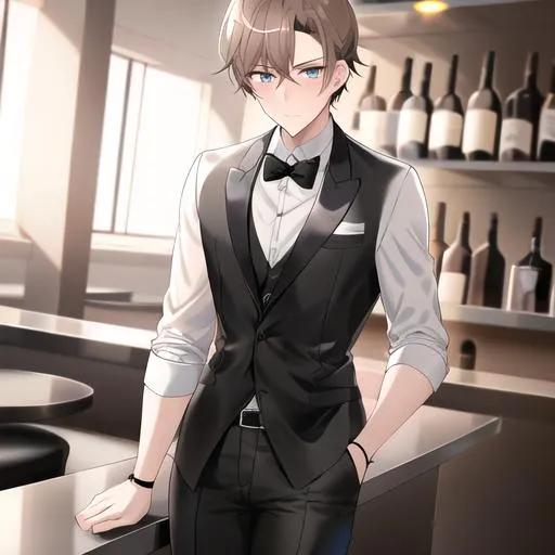 Prompt: Alex 1male. Short light brown hair. Soft and mesmerizing light grey eyes. Wearing a sleek black button-up shirt, paired with tailored black pants and shiny leather shoes. He completes the look with a stylish black vest and a classic black bow tie. UHD, 8K, standing behind a bar counter, blushing