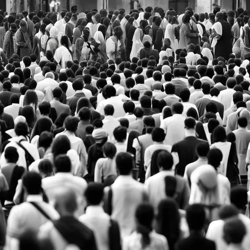 Prompt: people mass in front of a big question mark
black and white 
