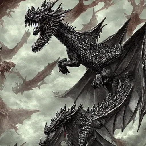 Prompt: Just need an ancient elder dragon with frozen and black death breath, starring on red-green eyes, skin black-gray, wings long, teeth sharp