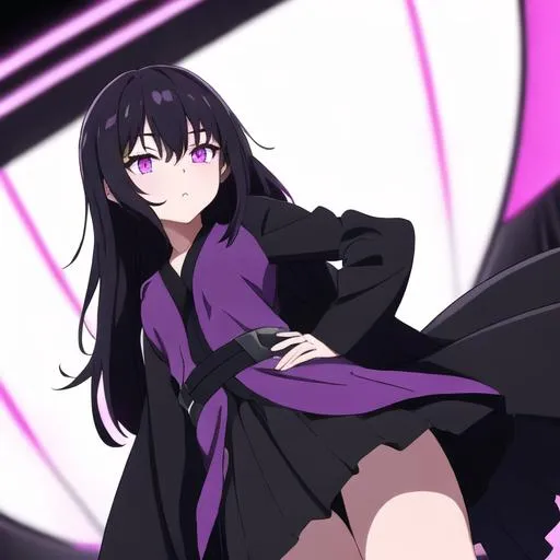 Prompt: A female, black hair, with purple tint, pitch black pupil's, wearing a purple robe, with a skirt showing in the back.