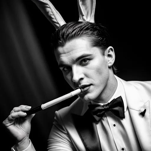 Prompt: hyper realistic evil demon eyes anthropomorphic hare in tuxedo with dark goth vibe evil eyes and a cigarette smoking monochrome black and white shadows