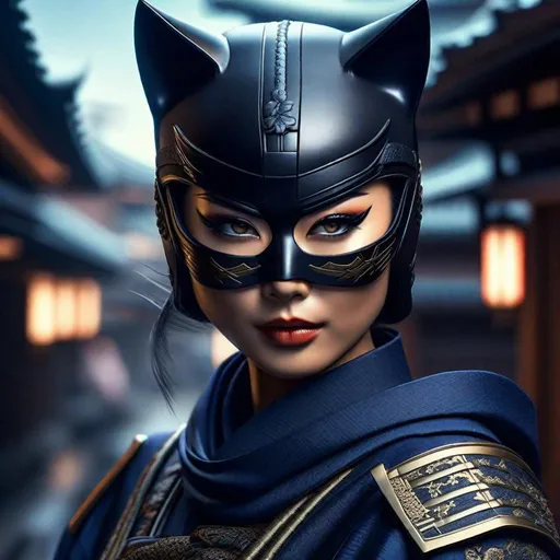 Prompt: Portrait of {  Ninja Catwoman} in  {edo era Japan}, perfect composition, hyperrealistic, super detailed, 8k, high quality, trending art, trending on artstation, sharp focus, studio photo, intricate details, highly detailed,happy face, by greg rutkowski