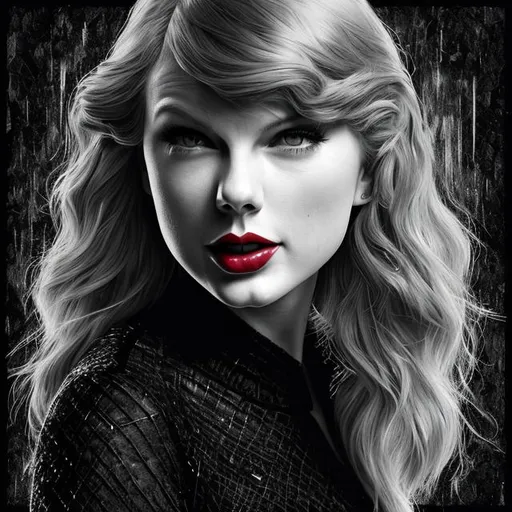 Prompt: generate me a Taylor Swift album cover concept with no words whatsoever on it as a redisign of her album cover for Reputation, which features a portrait of taylor in dark lipstick in black and white, a gothic aesthetic true to her era of Reputation. it must be highly realistic detailed, 4k HD , a detailed face with no words. it must be very dark