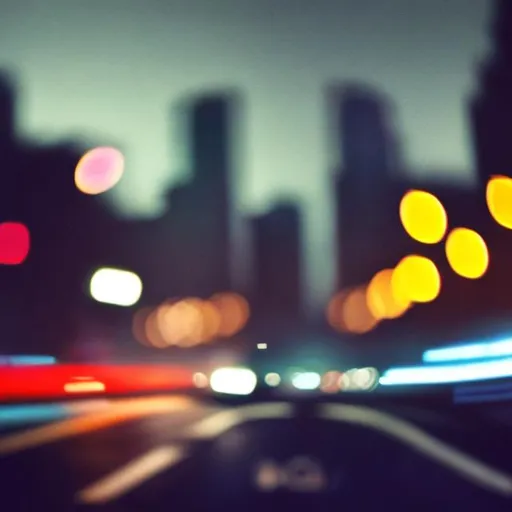 Prompt: car chase, blurred effect, night, city lights, ryan gosling