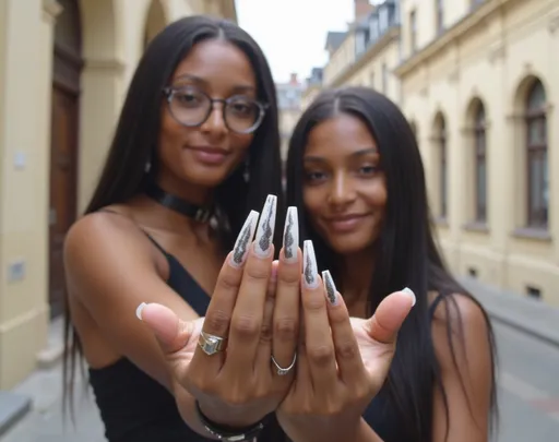 Prompt: 64K,  raw photo ,  ((ultra long acrylic coffin-shaped (black)) finger nails),fingers and hand covered in (off-white, watery, opaque liquid), droping (off-white, watery, opaque liquid) from fingers and hand, in a visually stunning place, close up of hands infront of camera, two (young, black, dark skin, slim, african, hourglass, very old) models behind camera reaching around to show hands, long straight ironed pressed hair, round glasses, leather choker, clear focus,UHD,  ultra detailed