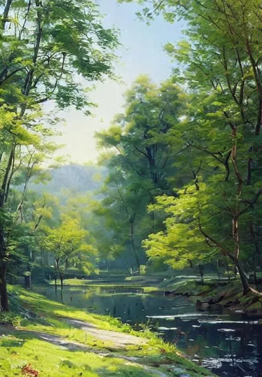 Prompt: Create a painting of a serene landscape in the style of Peder Mork Monsted using stable diffusion. Use the technique to capture the subtle variations in color and light, creating a sense of peace and tranquility in the painting