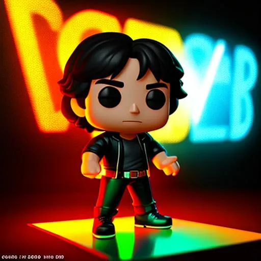 Prompt: 3d render, full body 3d render of funko pop Ian Solo, black background, Illuminated by Neon  lights