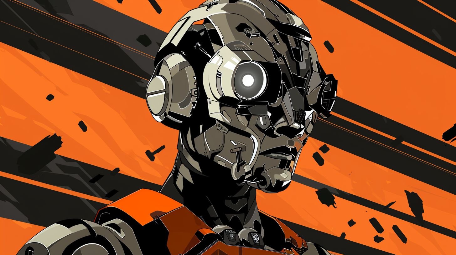 Prompt: anime masked robot energiy, in the style of symmetrical grid, blocky, animated gifs, dark silver and orange, catcore, cartoon mis-en-scene, 2d