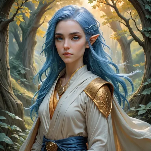 Prompt: High elf monk, female with striking blue hair, ethereal grace, intricate robes, soft flowing fabric, serene expression, poised stance, mystical aura, delicate features, ethereal light illuminating her, enchanting landscape in the background with lush foliage and gentle hues, warm glow of sunset, ultra-detailed, captivating atmosphere of tranquility and strength.