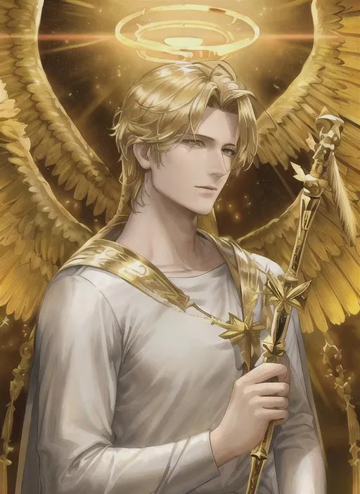 Prompt: Angel, halo, radiant golden light, seraph, six wings, photo realistic, Male, warrior, ancient, wallpaper, St michael, catholic, archangel, handsome, Male face, masculin face, 37 years old, Spears, fire, 16k