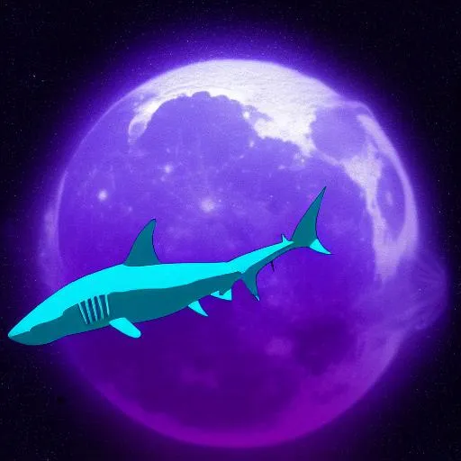 Prompt: shark movie poster, full moon in center, galaxy background, purple neon lighting