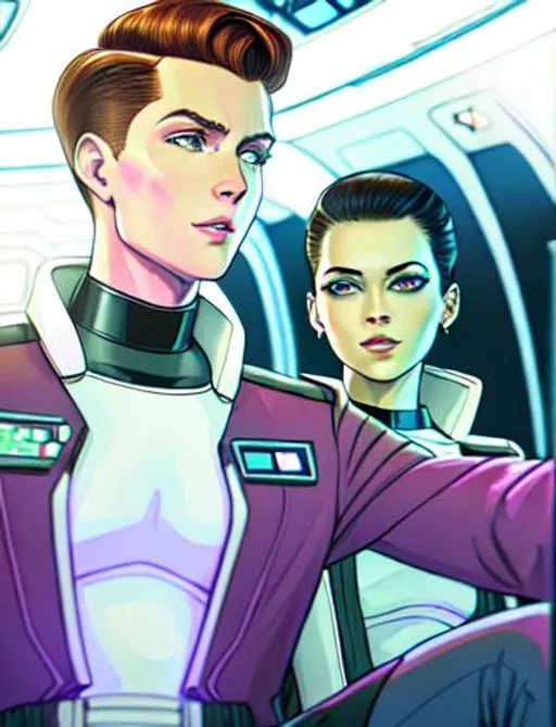 Prompt: shot of two people sitting together in a starship | shaved man: A clean shaven handsome freckled trimmed guy with freckles, trimmed face, a short dark brown slicked back pompadour undercut with chestnut highlights from the movie "star wars" is sitting in a spaceship, wearing an unbuttoned black retrofuturistic military space starfleet admiral uniform with "altered carbon" vibes, moles, beauty marks, muscles, abs, serious demeanor | and | green alien: a tiny green skinned alien female, extraterrestrial woman with emerald (green) skin, green face, emerald body, green bodyskin, green faceskin, very short thick voluminous extremely dark jet black bob haircut | cyberpunk "blade runner" style. by vladimir volegov and alexander averin and pierre auguste cot and delphin enjolras and peder mørk mønsted with a evil face and red light and shadow with a fire background.