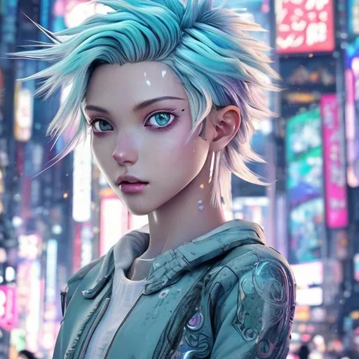 Prompt: New character. Stunning. Mesmerising . Pheromones. Innocent. Naive. Alluring. Young woman. beauty. Interesting eye makeup. Pastel coloured hair. Incredibly gorgeous. Sweet. Very Futuristic clothes. Realistic. Gritty. Detailed. Medium close-up. Neo Tokyo background