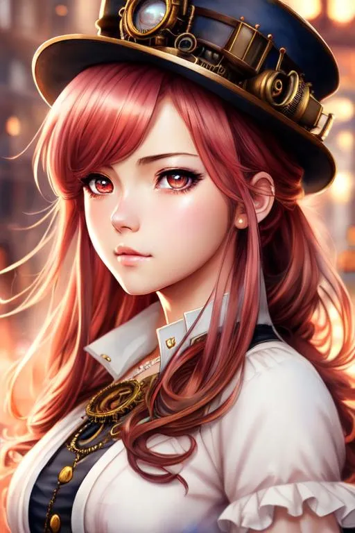 Prompt: 1 girl, hyper realistic watercolor masterpiece, 

steampunk, beautiful, pretty, kawaii anime girl, guns

hyperrealistic watercolor masterpiece, smooth soft skin, big fiercy eyes, beautiful fluffy volume hair, symmetrical, anime wide eyes, soft lighting, detailed face, wlop, rossdraws, concept art, digital painting, looking into camera,red hair , steampunk hat , holding up steampunk big gun

hyper realistic masterpiece, highly contrast water color  mix, sharp focus, digital painting, pastel mix art, digital art, clean art, professional, contrast color, contrast, colorful, rich deep color, studio lighting, dynamic light, deliberate, concept art, highly contrast light, strong back light, hyper detailed, super detailed, render, CGI winning award, hyper realistic, ultra realistic, UHD, HDR, 64K, RPG, inspired by wlop, UHD render, HDR render
