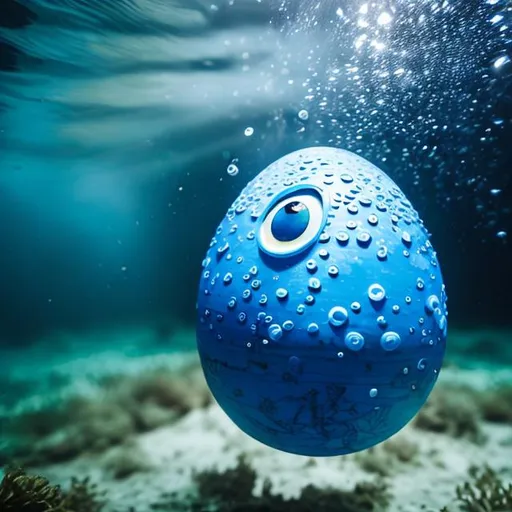 Prompt: An blue egg with an blue eye underwater