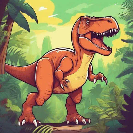 Prompt: Kids illustration,tyranosaurus rex in jungle,cartoon style,thick lines,low detail,vivid color