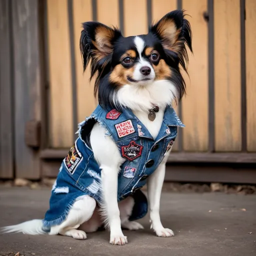 Prompt: Papillon dog wearing a heavy metal music denim vest with patches