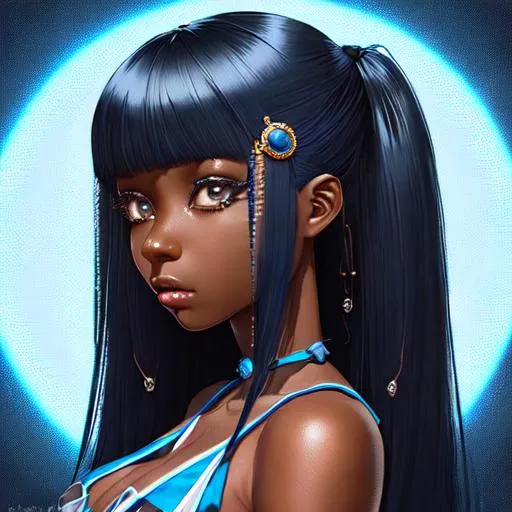 cute girl (long dark blue hair) detailed face, cute