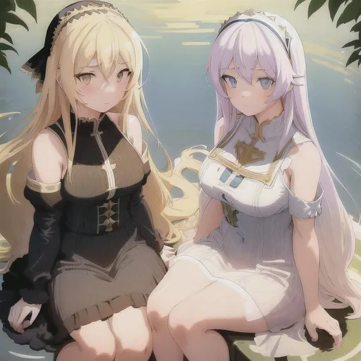 Prompt: Two cute girls. sitting in a water, long blond hair, messy hair, yellow eyes, breton black dress, intricate, detailed face. by Ilya Kuvshinov and Alphonse Mucha. Dreamy, pastel colors, honey