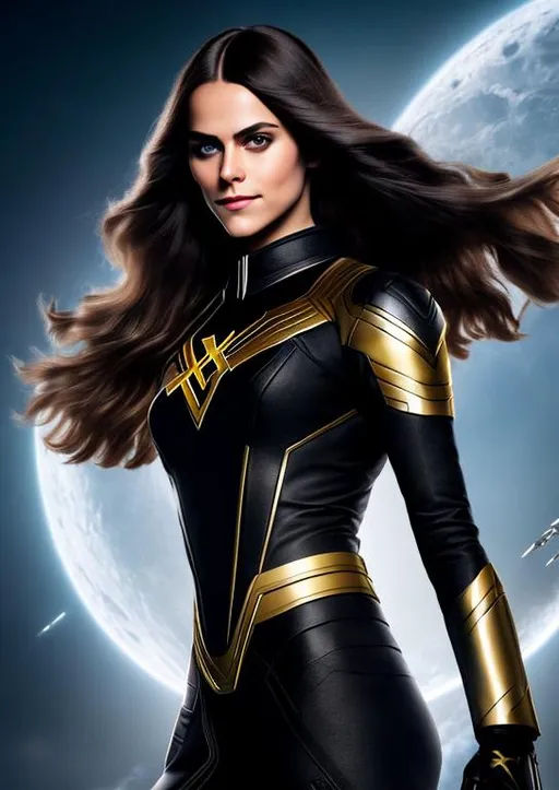 Prompt: High-resolution hyperrealistic photo of x-man shadowcat kate pryde merged with x-man magik ilyana rasputin, black and silver and gold costume, uhd, hdr, 64k