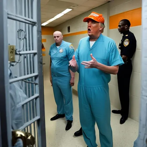 Prompt: trump in orange jumpsuit in jailcell in space