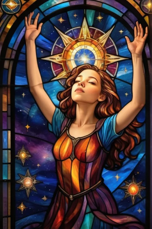 Prompt: young woman with head tilted back and arms in worship of the twelve zodiac signs in the background sourrounded by the universe