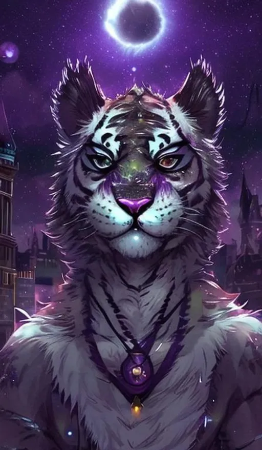 Prompt: cute | young | male |  anthropomorphic | fluffy |
 tiger |  feline | khajiit | furry | bright purple eyes | pretty face | starry sky | bank of river | realistic