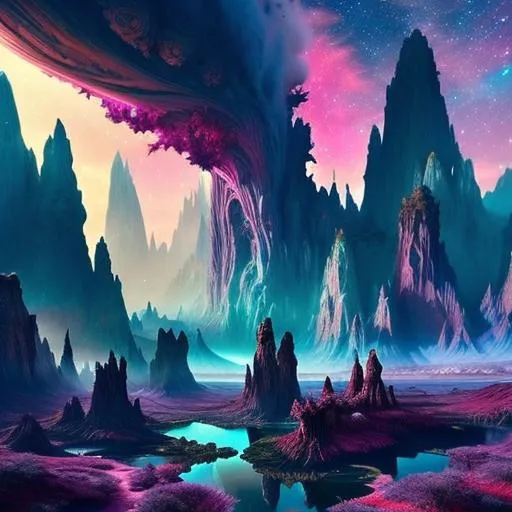 Prompt: Highly detailed fantasy planet landscape, clouds, stars, planets, waterfalls, nebulae, mystical, light shafts, ancient trees, magenta-pink, green-cyan, dark-magenta, electric-blue, trending on artstation, beautiful, tonemapping, fantasy art, digital painting, hyperrealism, hyperdetailed, landscape, photorealistic, dramatic lighting, ray tracing, path tracing, vibrant, full shot