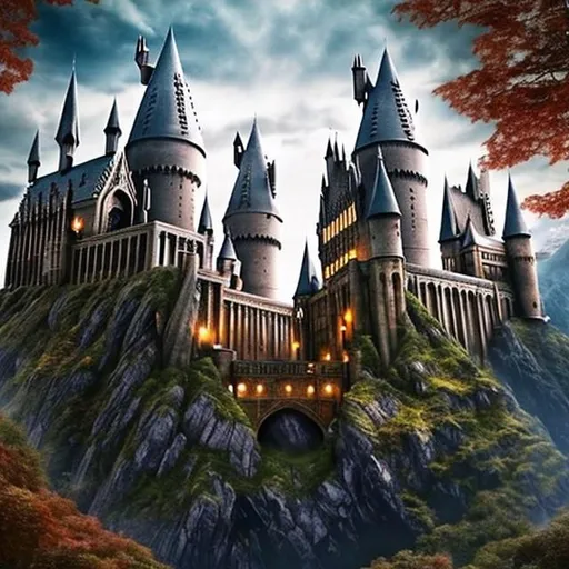 Prompt: A hogwarts like castle with magical scenery,  and a l9go in the middle if the picture of a letter W written in Old script and magical font ,background should be  beautiful with a Majestic castle in a magical garden in an autumn sezson