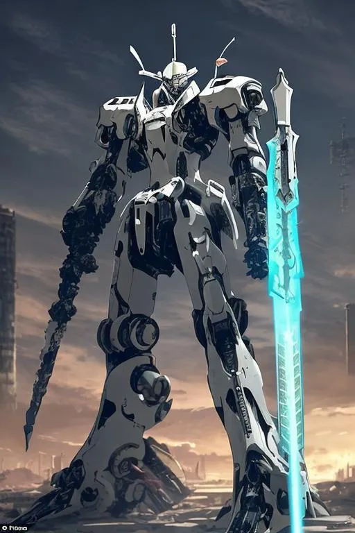 Prompt: A white mecha with sleek but complex armour design holding a long sword and floating weapons surrounding it with a ruined city as background