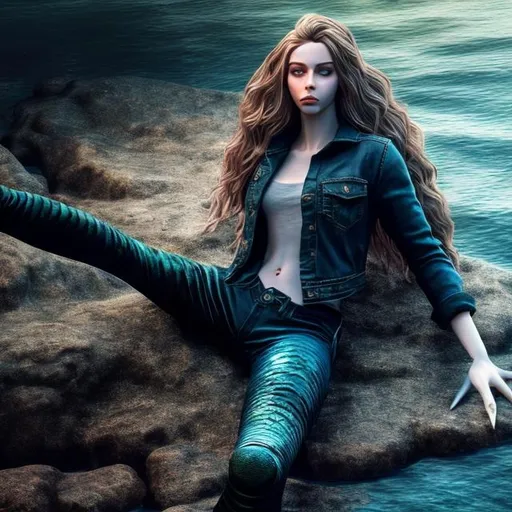 Prompt: Realistic, lifelike, detailed, high-quality, natural lighting, A adult mermaid with human legs, Wearing a black shirt, blue jeans and black shoes, five fingers correctly