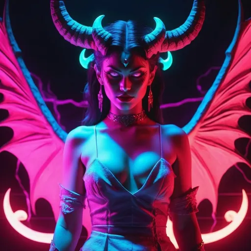 Prompt: beautiful female demon, hell, demonic, vaporwave, retro, neon, aesthetic, liminal, high quality, high definition, beautiful, dramatic lighting