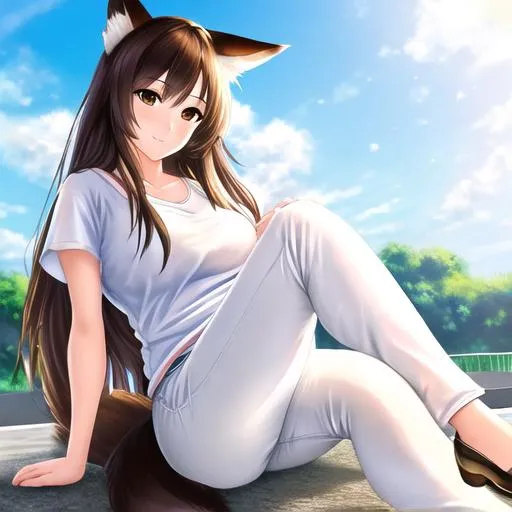 Prompt: oil painting, UHD, hd , 8k,  anime, hyper realism, Very detailed, zoomed out view, clear visible face, full body in view, clear visible face, fox girl character with long dark brown hair, wears a white tshirt with pants, sitting near a pool