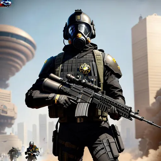 Prompt: Several mordern soldiers black color with gas mask black, shooting running, background futurist city, masterpiece painting with detailed face, full body 4k, trending on artstation, octane render, art by artgerm and greg rutkowski and alphonse mucha and craig mullins and James Jean and Andrei Riabovitchev and Marc Simonetti and peter mohrbacher

