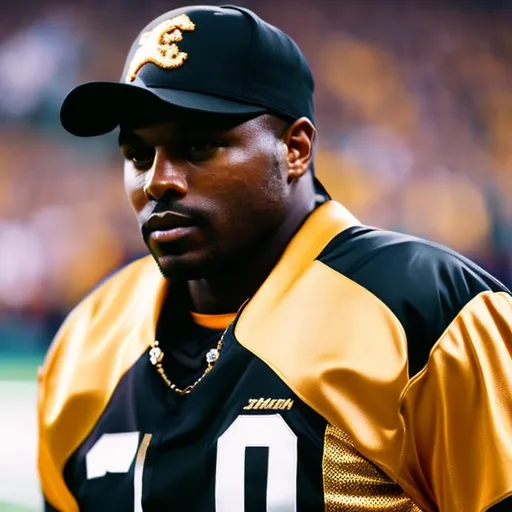 Prompt: Black man wearing baseball cap and cowboy football team gear and wearing gold jewelry 