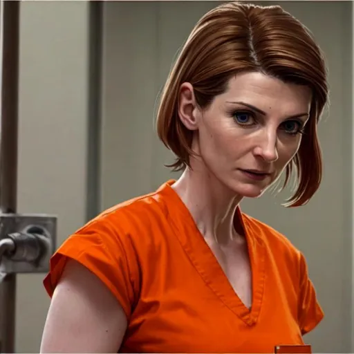 Prompt: jodie whittaker in prison wearing orange scrubs prison uniform