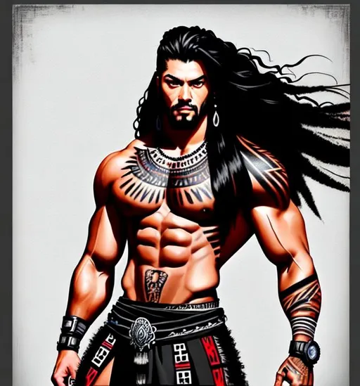 Prompt: Full body poster, Roman Reigns, hispanic, sleeveless, long black hair, desert background, eyes, muscular, tribal tattoos, wearing tribal cueitl, tribal war facepaint, ethereal, jewelry set balayage wild hair, royal vibe, highly detailed, highly detailed face, digital painting, Trending on artstation , HD quality, tan skin,artgerm,  by Ilya Kuvshinov 